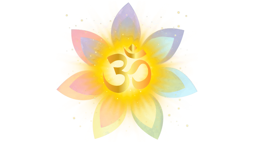 Radiant golden Om over rainbow lotus, symbolizing the pulse of existence (Om).