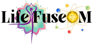 LifeFuseOM logo – lotus and meditative silhouette with brand name, paired with atom orbiting the glowing Om symbol, representing the union of science and spirituality.