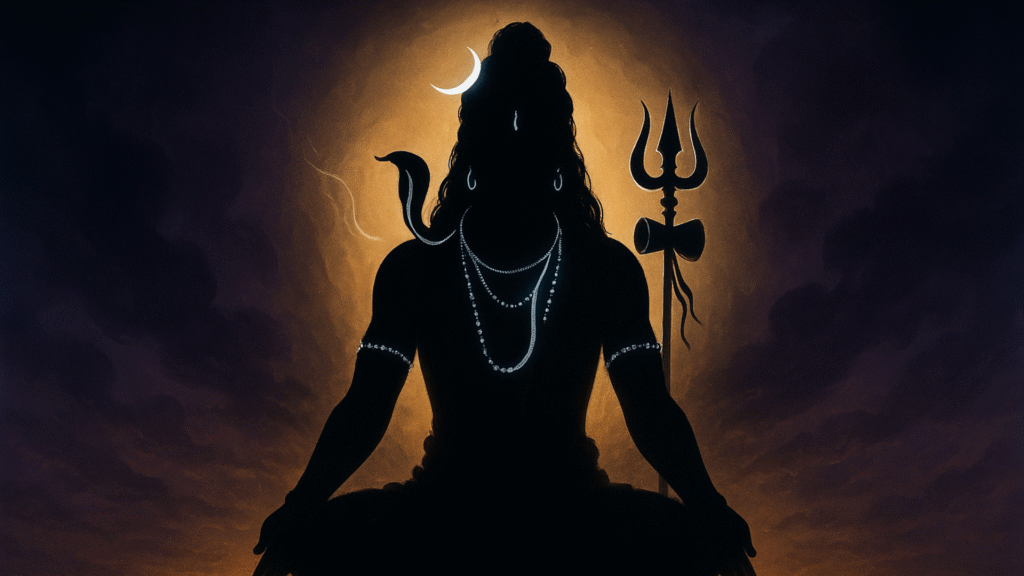 Shiva’s meditative silhouette with golden aura and silver symbols against a pre-dawn indigo sky.