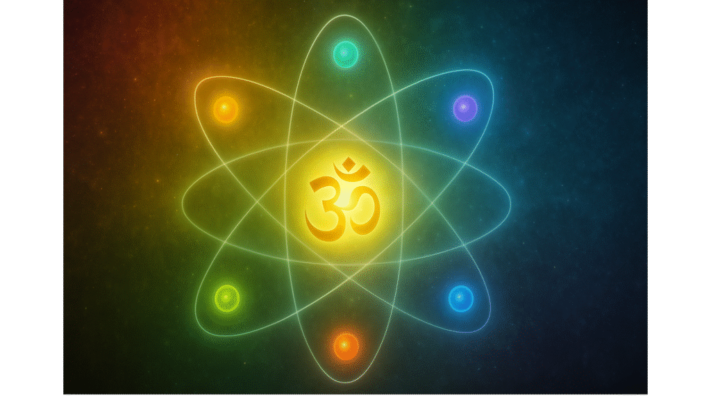 Golden Om at center of atom mandala with six chakra-colored electrons, fusing spirit and science.