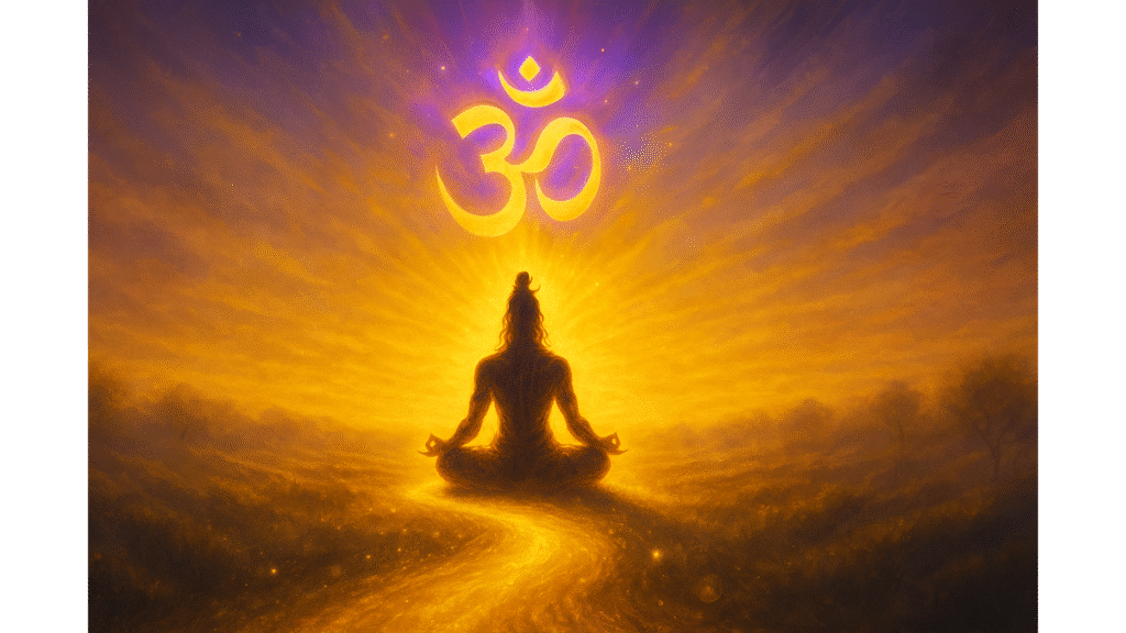 Golden path toward Shiva’s silhouette beneath a glowing Om, symbolizing a vow of truth and compassion.