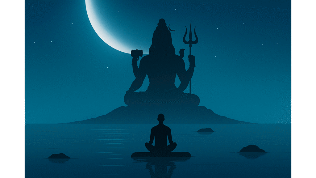 Lord Shiva silhouette under a crescent moon with a meditator by a calm lake - Shiva Sankalp morning ritual